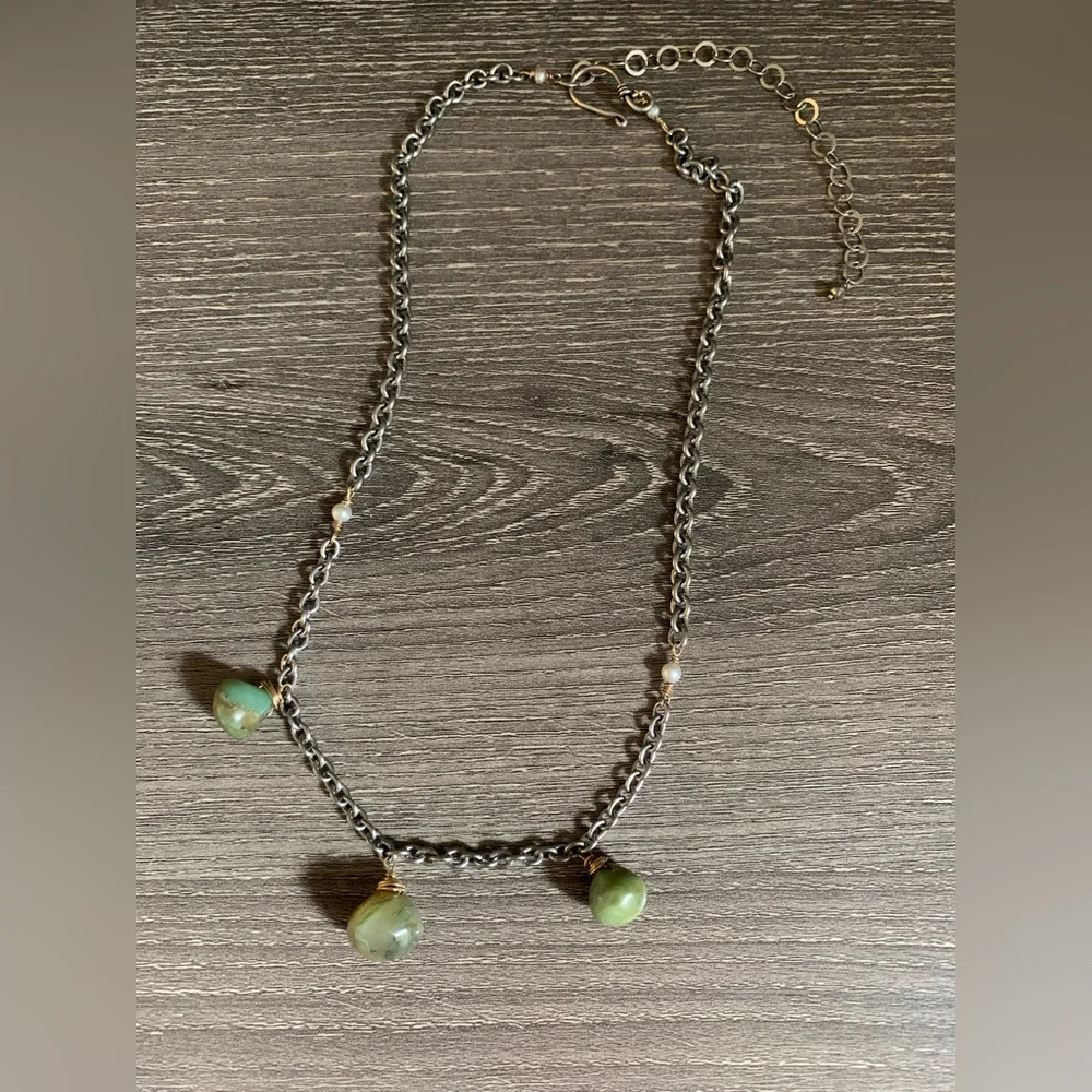 Handmade Silver Necklace Moss Agate Chrysophrase Pearl Chain Statement Necklace